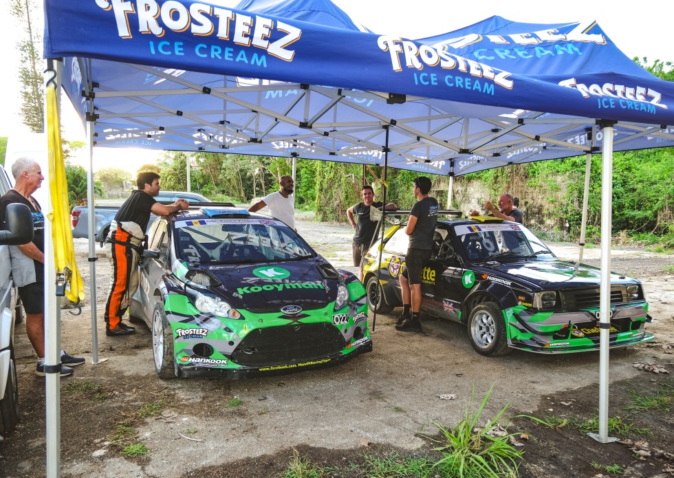 Barry Mayers (left, leaning on his Ford Fiesta) and brother Roger (by the rear wing of his Toyota Starlet) at yesterday’s BRC Test Event in St John